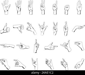 Human hands gestures flat set with isolated icons of white palm hands ...