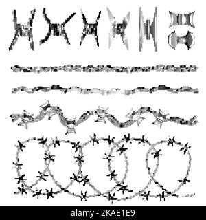 Barb metallic seamless set with fence warning symbols realistic isolated vector illustration Stock Vector