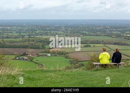 Panoramic view across the valley, Edburton Hill, South Downs Way near Shoreham by Sea, West Sussex, England, Great Britain Stock Photo