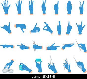 Human hands gestures flat set of isolated flourishes with hands wearing blue gloves holding surgical tools vector illustration Stock Vector