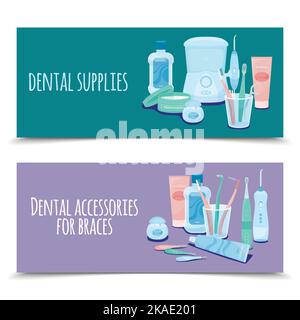 Dental hygiene set of two horizontal banners with flat images of toothpastes toothbrushes and ornate text vector illustration Stock Vector