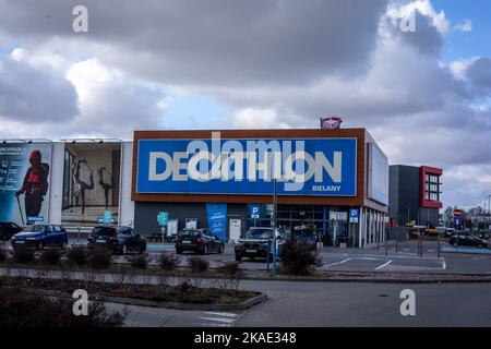 Wroclaw, Poland - February 19, 2022:  Decathlon store, french sporting goods retailer, and a parking lot in front of the building. Stock Photo