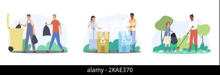 People picking and sorting waste flat composition set isolated vector illustration Stock Vector