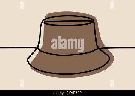 A digital illustration vector of a single line bucket hat design on a light brown background Stock Vector
