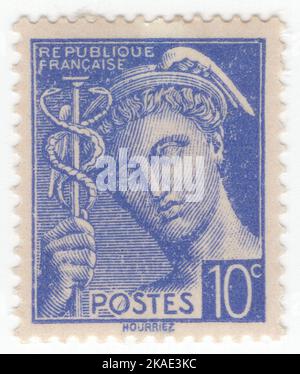 FRANCE - 1938: An 10 centimes ultramarine postage stamp depicting Mercury (Mercurius), a major god in Roman religion and mythology, being one of the 12 Dii Consentes within the ancient Roman pantheon. He is the god of financial gain, commerce, eloquence, messages, communication (including divination), travelers, boundaries, luck, trickery, and thieves, He also serves as the guide of souls to the underworld. In Roman mythology, he was considered to be either the son of Maia, one of the seven daughters of the Titan Atlas, and Jupiter, or of Caelus and Dies Stock Photo
