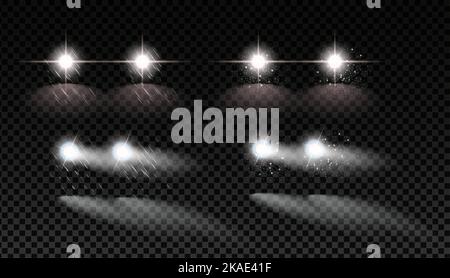 Realistic set of white car lights shining in rain and snow with reflection on road isolated on transparent background vector illustration Stock Vector