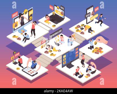 Isometric cyberbullying concept with aggressive comments and dislike vector illustration Stock Vector