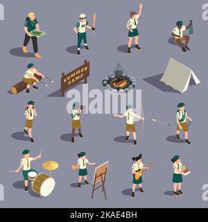 Scout summer camp isometric set with instructor and children doing various sport and leisure activities isolated on colour background 3d vector illust Stock Vector
