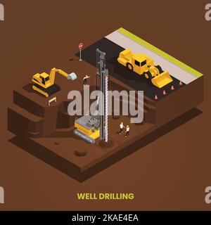 Well drilling in foundation pit with drill rig and excavator isometric composition on brown background 3d vector illustration Stock Vector
