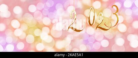 2023 panoramic web banner, holiday colorful background with blurred bokeh lights Stock Photo