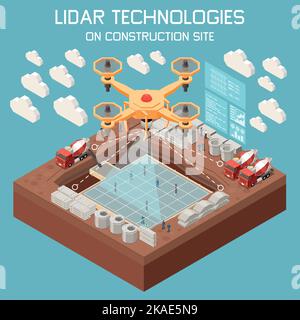 Lidar technologies isometric background with drone flying over construction site 3d vector illustration Stock Vector