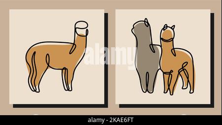 A digital illustration vector of single line alpaca designs on a light brown background Stock Vector