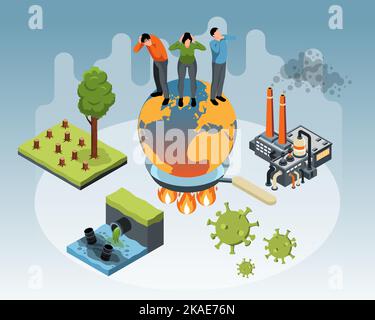 Isometric environmental problems concept with planet suffers from global warming and pollution vector illustration Stock Vector