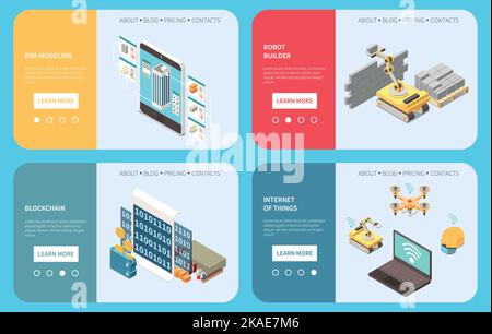 Modern construction technologies  2x2 design concept with robot builder and bim modeling landing pages isometric vector illustration Stock Vector