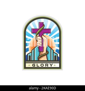 A vector design of a hand holding a cross sign over the word 'glory' and a church for a t-shirt design Stock Vector
