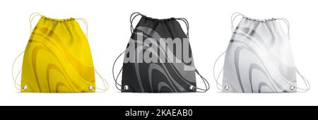 Three colored realistic drawstring bags with print on white background isolated vector illustration Stock Vector