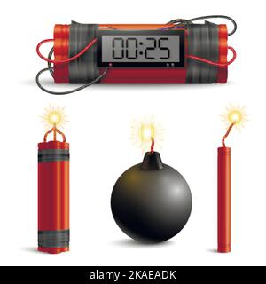 Dynamite bomb realistic set of isolated images with self made bombs explosive sticks and vintage ball vector illustration Stock Vector