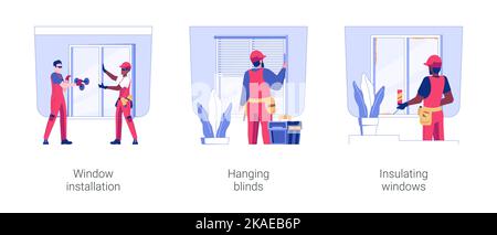 Windows service isolated concept vector illustration set. Window installation, hanging blinds, foam sealant insulation, sills assembly, interior works in residential construction vector cartoon. Stock Vector