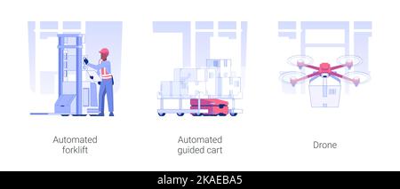 Automated guided vehicles isolated concept vector illustration set. Automated forklift, self-driving cart, drone use in wholesale and warehousing business, goods transportation vector cartoon. Stock Vector