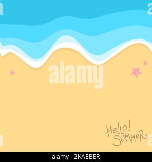 seen from above the beach view in summer, where there are blue waves and starfish Stock Vector
