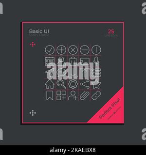 A vector design of Basic UI Icon pack in pink square on gray background Stock Vector