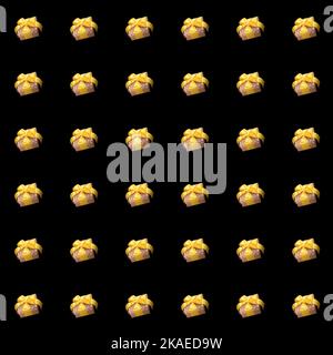 Seamless pattern of gift boxes wrapped in craft paper, decorated with yellow ribbon bows in polka dots on black background. Sale on Christmas, Black F Stock Photo