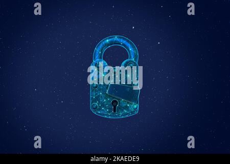 Old padlock with digital illustrated lines on blue background for security theme. Stock Photo