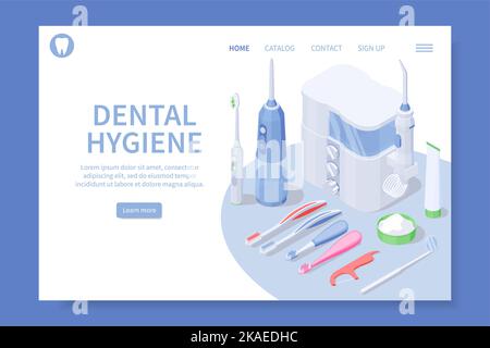 Dental hygiene isometric landing page depicting equipment tools and products for keeping teeth clean vector illustration Stock Vector