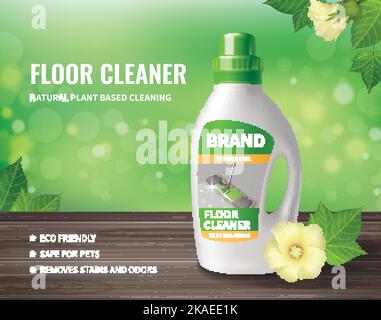 Household cleaning realistic poster with floor cleaner bottle vector illustration Stock Vector