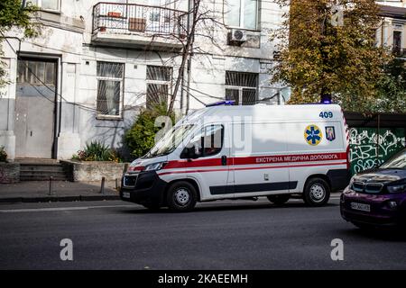 Kyiv, Ukraine - November 02, 2022 Ambulance rolling in the city center of kyiv during the war with Russia, kyiv are the target of Russian missiles and Stock Photo