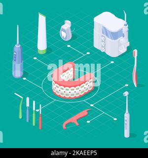 Dental hygiene isometric flowchart with braces and tools for dental ...