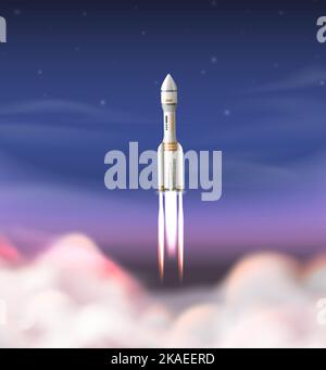 Realistic rocket launch composition with spacecraft flying above clouds ...