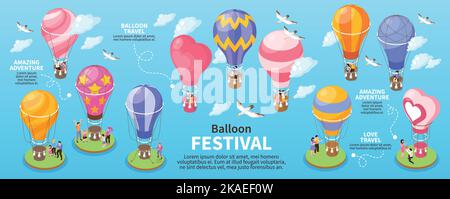 Isometric hot air balloon festival and travel infographics vector illustration Stock Vector