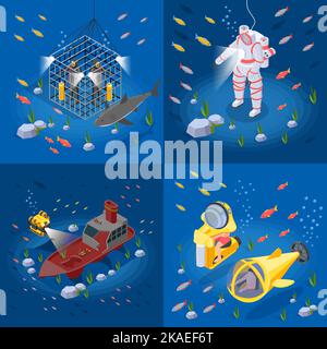 Diving isometric 2x2 design concept set of equipment for studying of sea animals life vector illustration Stock Vector