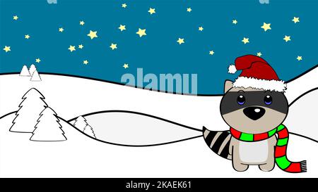 xmas background chibi standing baby raccoon cartoon illustration postal in vector format Stock Vector