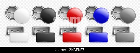 Glossy round and rectangular pin badges of different colors front and back views realistic set isolated on transparent background vector illustration Stock Vector