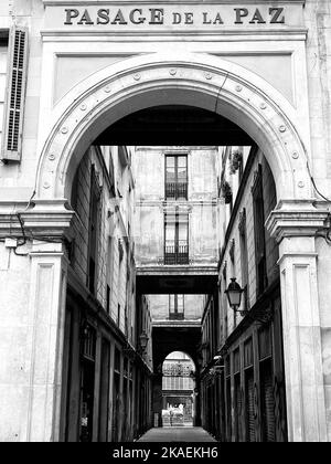 A vertical shot of the historical passageway of Barcelona - Pasage De La Paz in grayscale Stock Photo