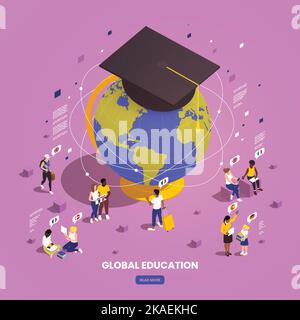 Global education student exchange isometric composition with conceptual image of earth with connections and academic hat vector illustration Stock Vector