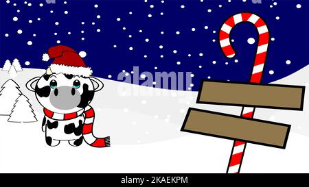 xmas background chibi standing baby cow cartoon illustration postal in vector format Stock Vector