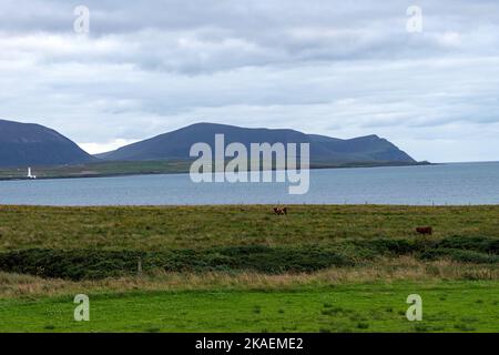 View of Hoy High Lighthouse from Button-Ben Guest House ,  isle of Graemsay  Orkney, Scotland, UK Stock Photo