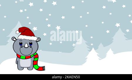 xmas background chibi standing baby rhino cartoon illustration postal in vector format Stock Vector