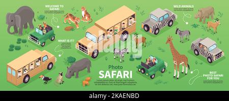 Isometric photo safari concept with people traveling in wild savanna vector illustration Stock Vector