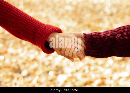 Closeup photo of warm handshake of two persons in red knitted sweaters isolated on blurred golden foliage background, free copy space. People walk in Stock Photo