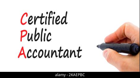 CPA certified public accountant symbol. Concept words CPA certified public accountant on beautiful white background. Businessman hand. Business and CP Stock Photo