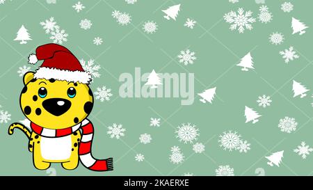 xmas background chibi standing baby leopard cartoon illustration postal in vector format Stock Vector