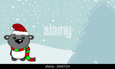 xmas background chibi standing baby sheep cartoon illustration postal in vector format Stock Vector