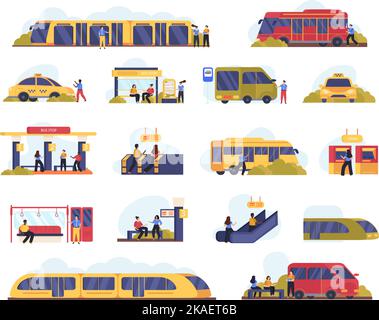 People in public transport flat set with characters waiting for bus going up escalator buying tickets isolated vector illustration Stock Vector