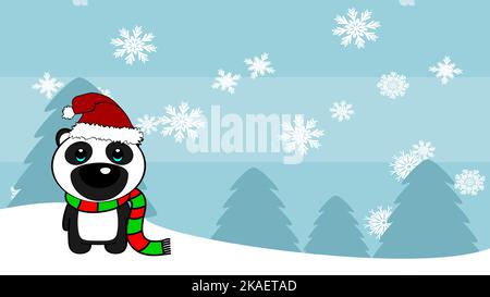 xmas background chibi standing baby panda bear cartoon illustration postal in vector format Stock Vector