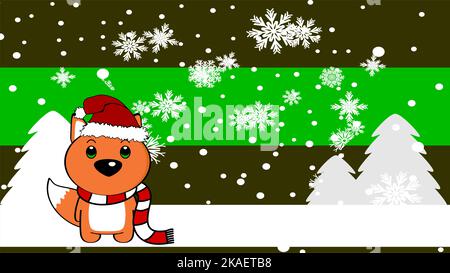 xmas background chibi standing baby fox cartoon illustration postal in vector format Stock Vector