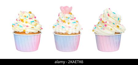 Set of vanilla cupcakes isolated on white background. Cupcakes with butter cream are decorated with golden sprinkles, waffle flowers. Festive cupcakes Stock Photo